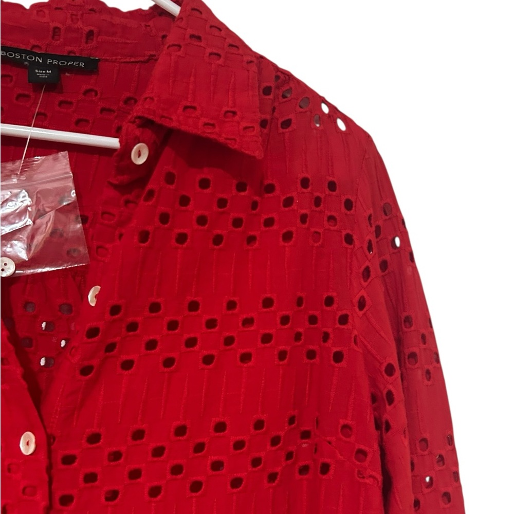 Boston Proper cherry Red schiffli Eyelet collared long sleeve Button-Up Shirt - Picture 3 of 4